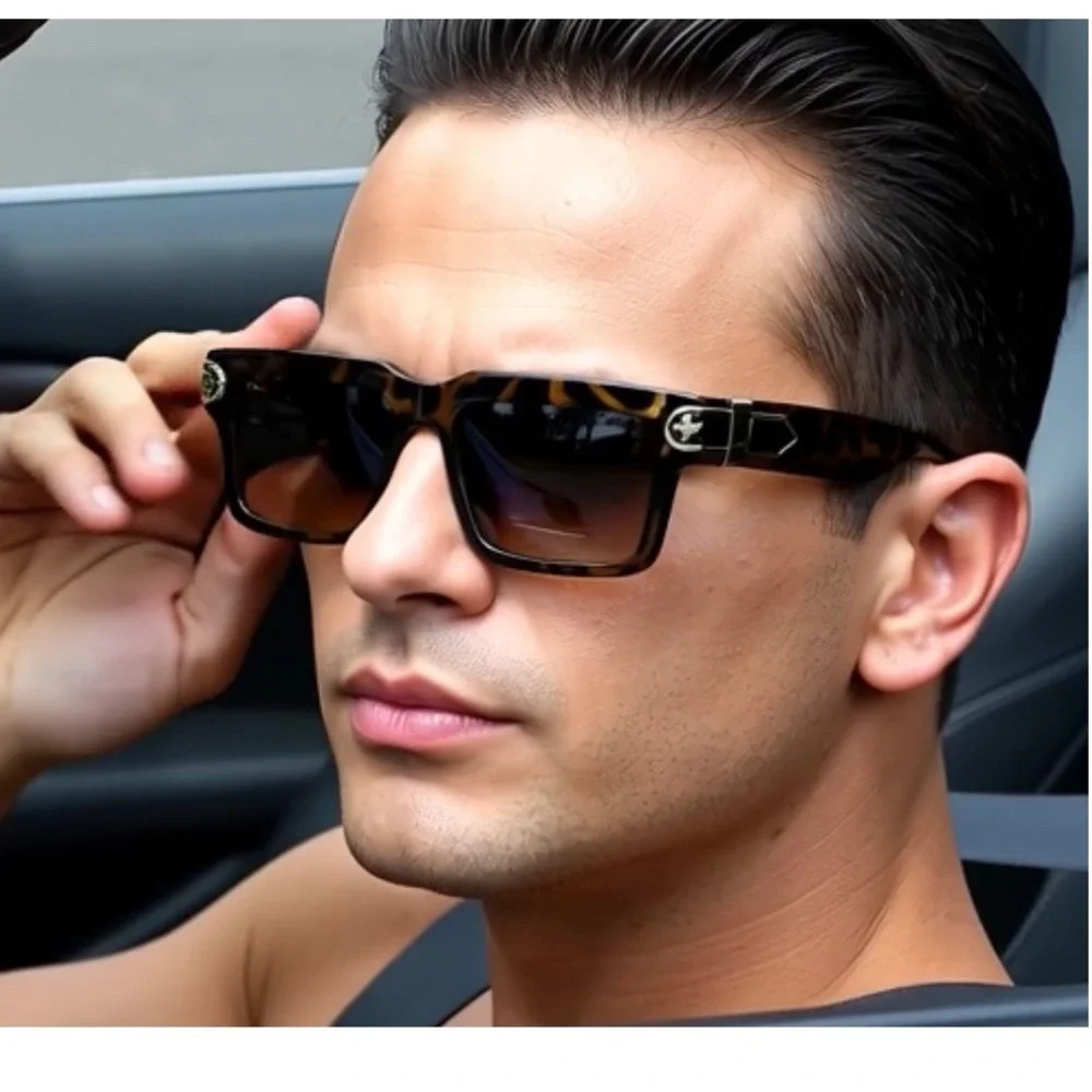 Men's Tortoise Shell Sunglasses Square Frame Gradient Brown Lenses Luxury‎ Style